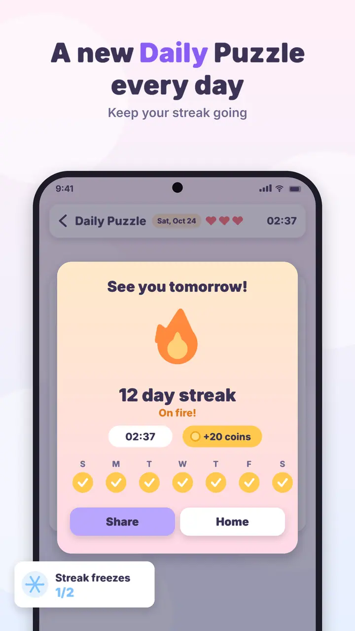 Crown Logic Daily Puzzle streak screen with a 12 day streak, coins, and streak freezes
