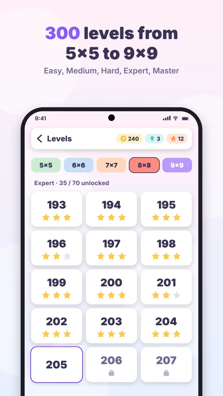 Crown Logic levels screen showing Expert 8×8 boards with stars, coins, hints, and streak