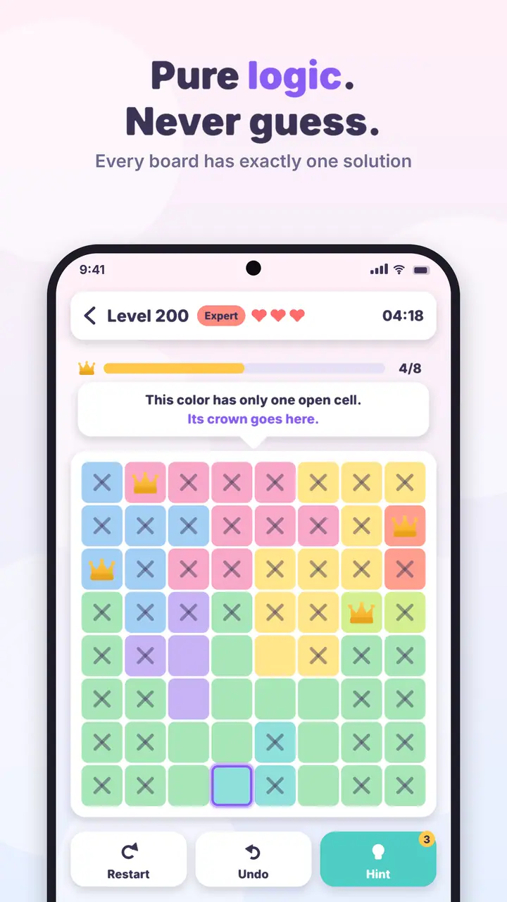 Crown Logic Expert level with a smart tip pointing to the only open cell for a color