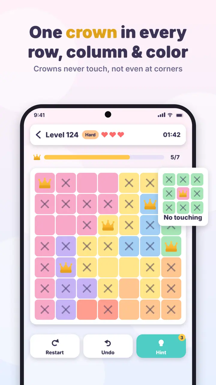Crown Logic phone screen showing one crown per row, column and color