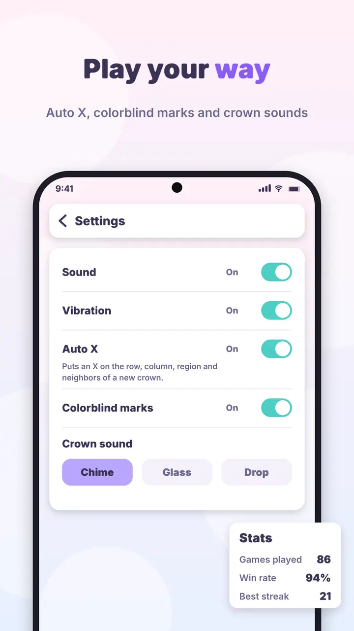Crown Logic Settings with sound, vibration, Auto X, colorblind marks, and stats