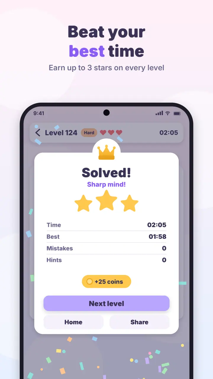 Crown Logic Solved screen with three stars, time, best time, and coins