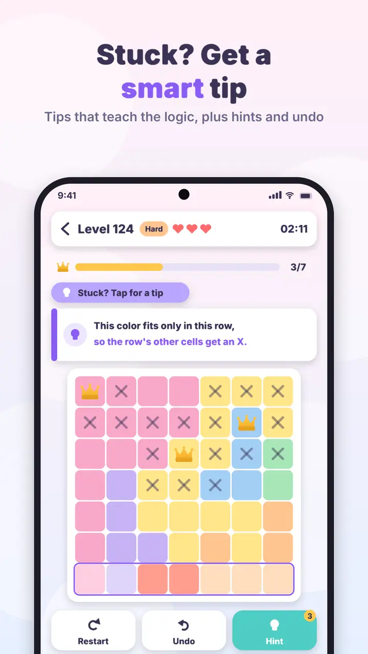 Crown Logic Hard level with a smart tip explaining where to place an X
