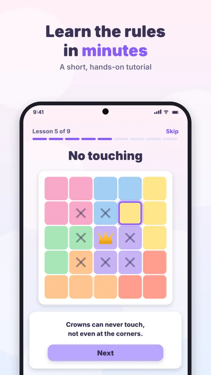 Crown Logic interactive tutorial lesson No touching on a 5×5 board