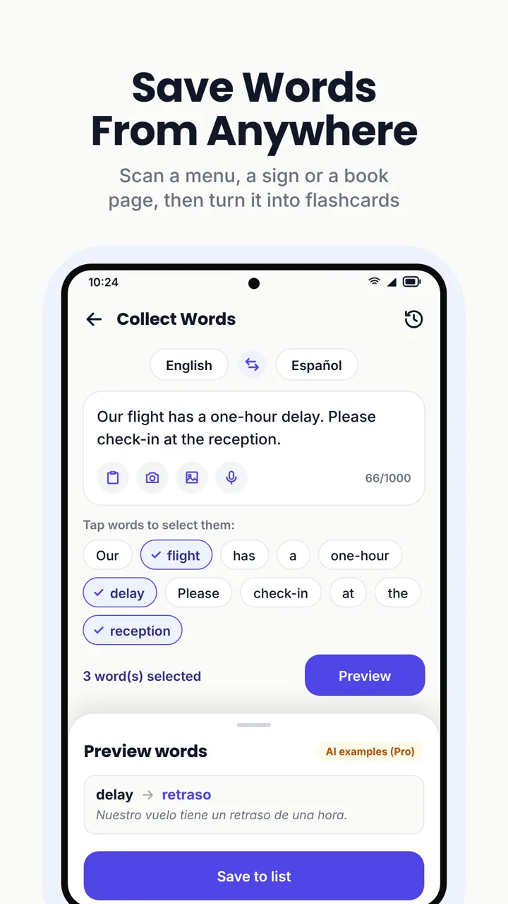 UniWord Collect Words screen scanning a cafe menu with the camera, with AI examples marked Pro. Headline: Save Words From Anywhere.