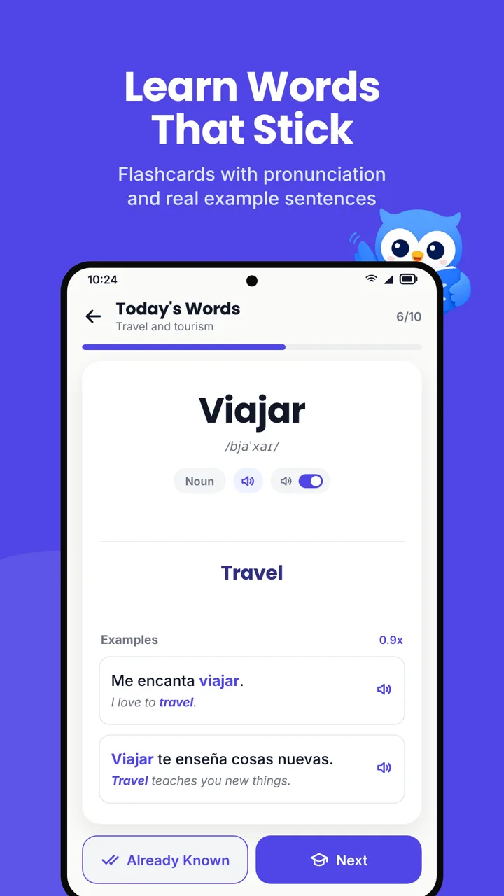 UniWord flashcard screen showing the Spanish word Viajar with pronunciation, the part of speech Noun, and example sentences. Headline: Learn Words That Stick.