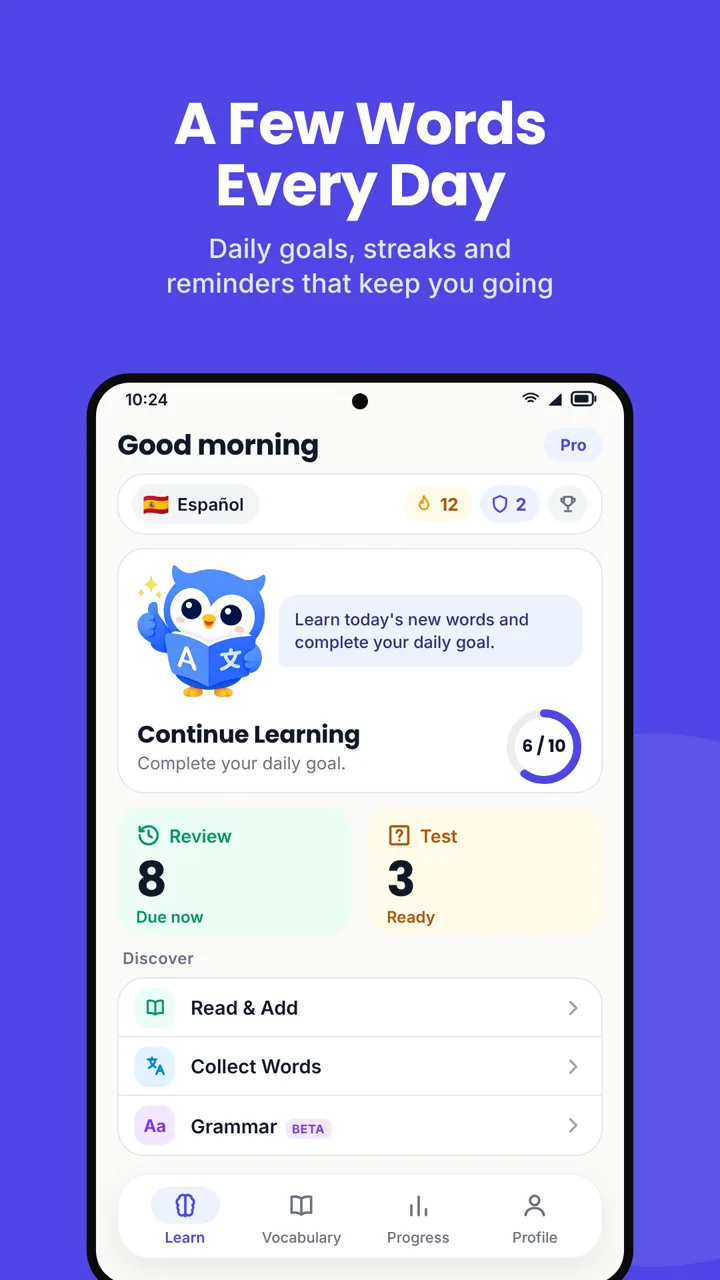 UniWord Home screen with a daily goal, streak and shields, Review and Test tasks, and shortcuts to reading, Collect Words, and Grammar. Headline: A Few Words Every Day.