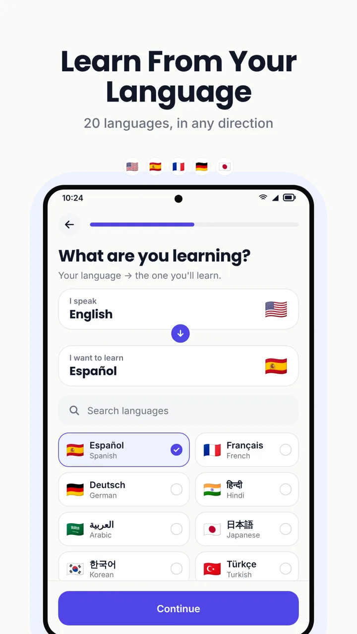 UniWord language screen for choosing a native language and a learning language among 20 languages, including English, Spanish, Bengali, Hindi, and Arabic. Headline: Learn From Your Language.