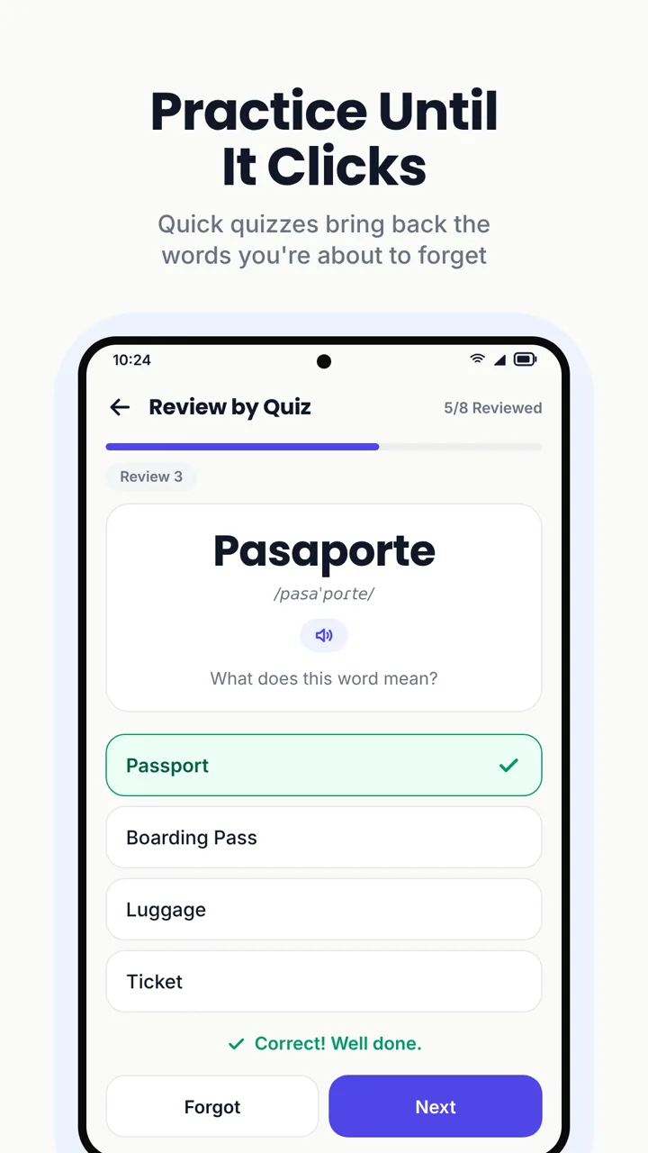 UniWord quiz asking what the Spanish word Viajar means, with answer choices and a streak count. Headline: Practice Until It Clicks.