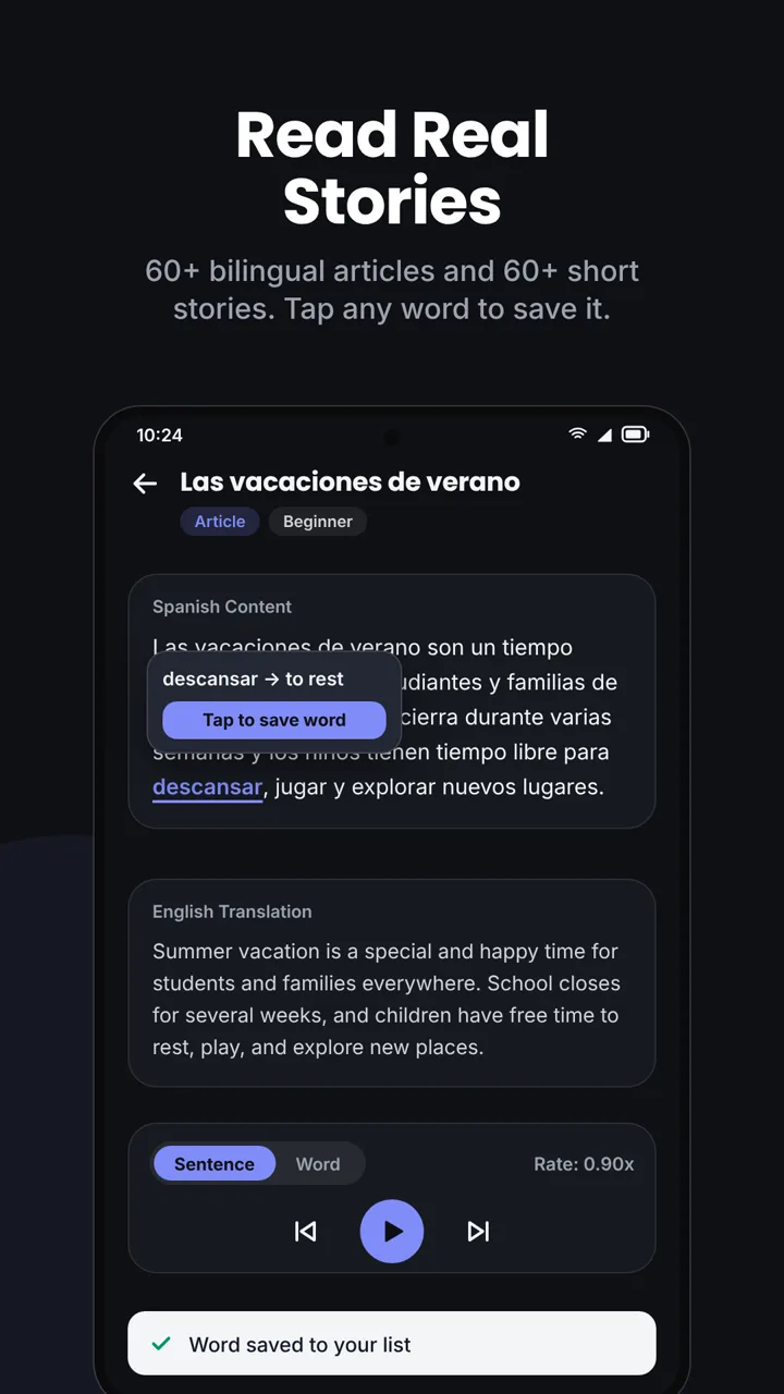 UniWord Read and Learn screen in dark mode with Articles and Stories, each listed as 60 plus. Headline: Read Real Stories.