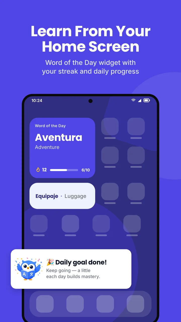 Android home screen with the UniWord Word of the Day widget showing Viajar, Travel, and a learning streak. Headline: Learn From Your Home Screen.